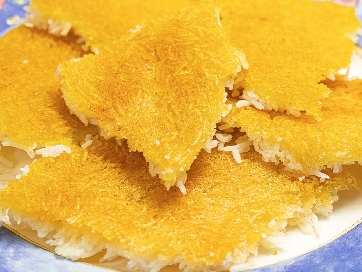 Close up view of Tahdig on a plate