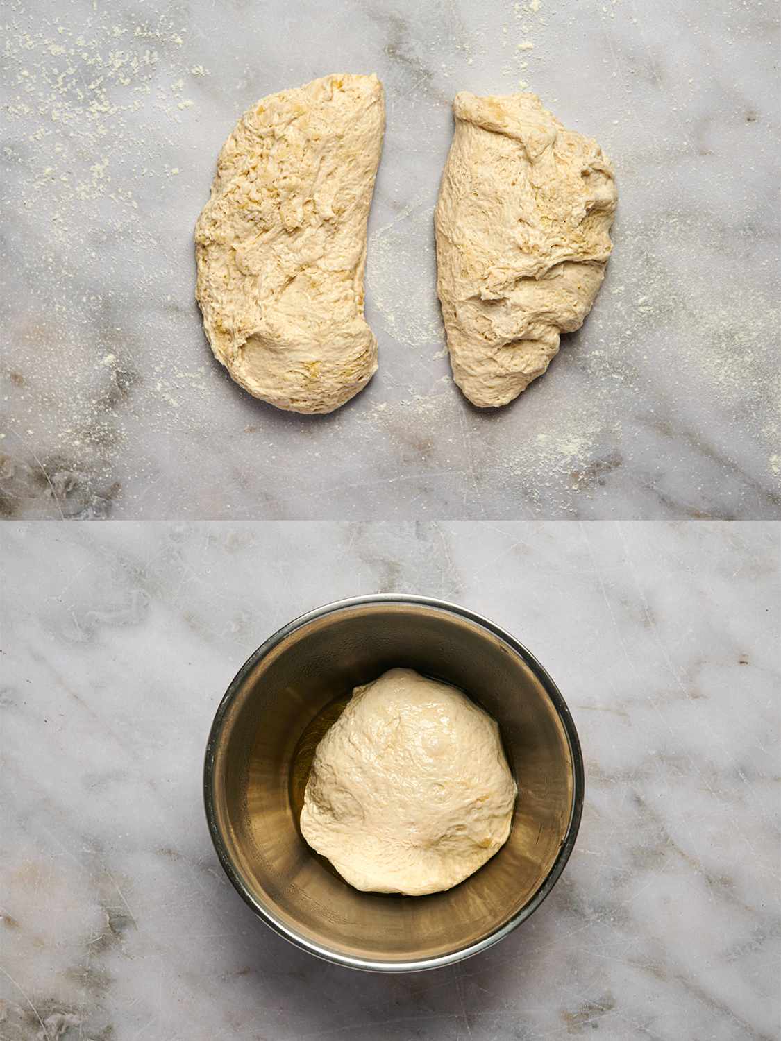 A two-image collage. The top image shows the dough, cut in half and resting on a lightly floured stone surface. the bottom image shows a ball of that same dough, now smooth and lightly oiled inside of a metal bowl.