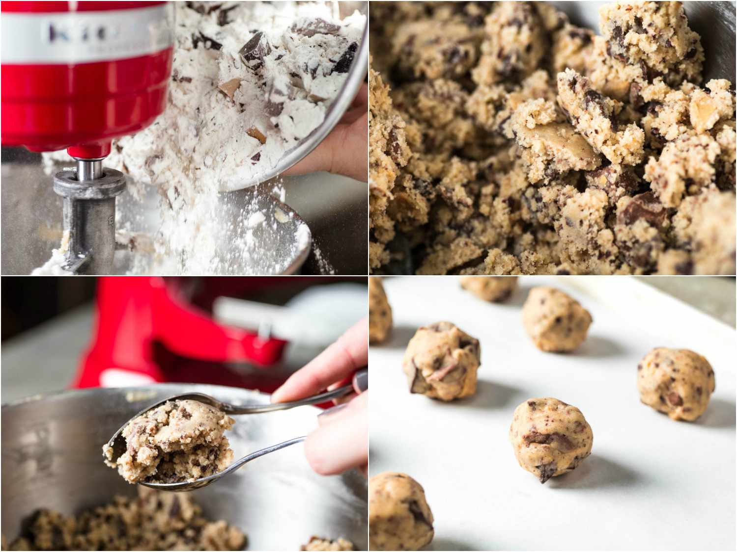 A 4-image collage of mixing in the flour and chopped chocolate and then portioning and shaping the dough.