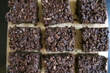 Overhead view of sliced chocolate rice krispie treats.