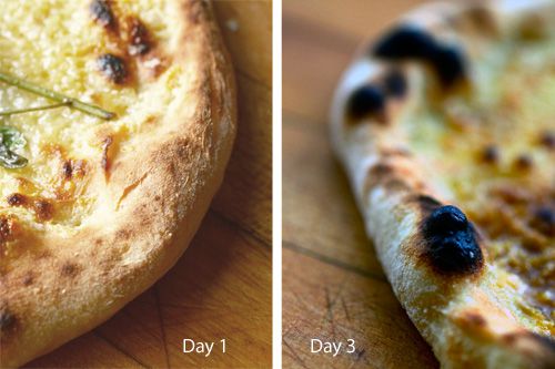 A two-image collage comparing the crust of a dough that had cold fermented for one day versus three days.