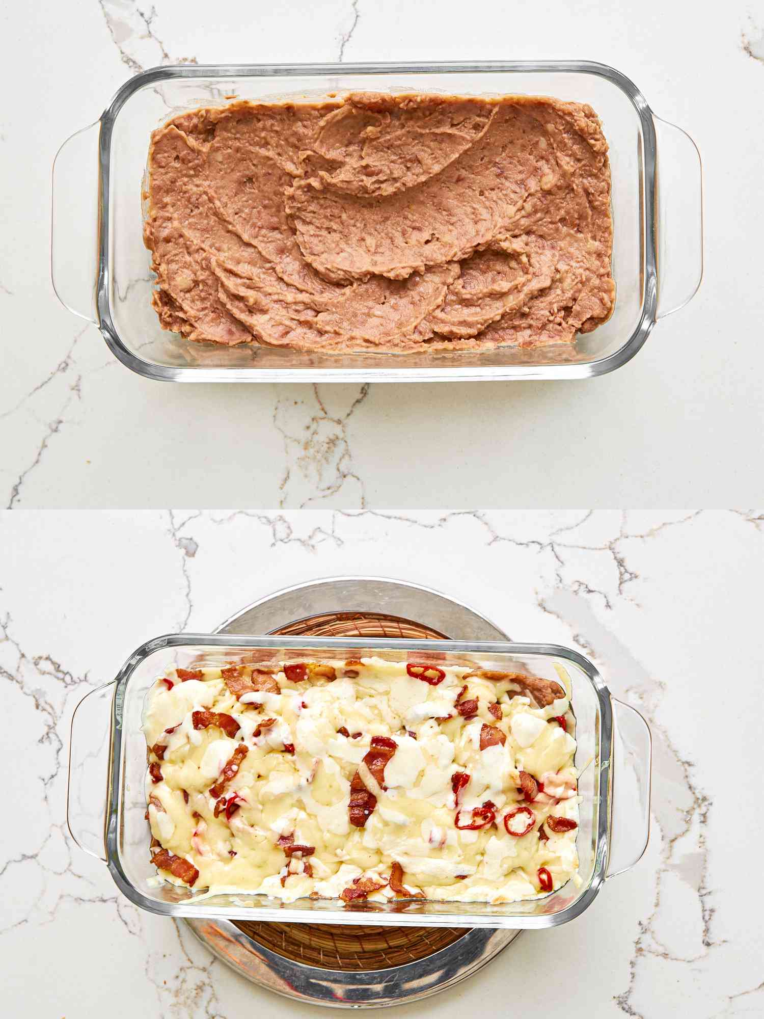 Two images: refried beans are smoothed out in a loaf pan; the cheese-bacon-chile mixture is melted on top of the beans.