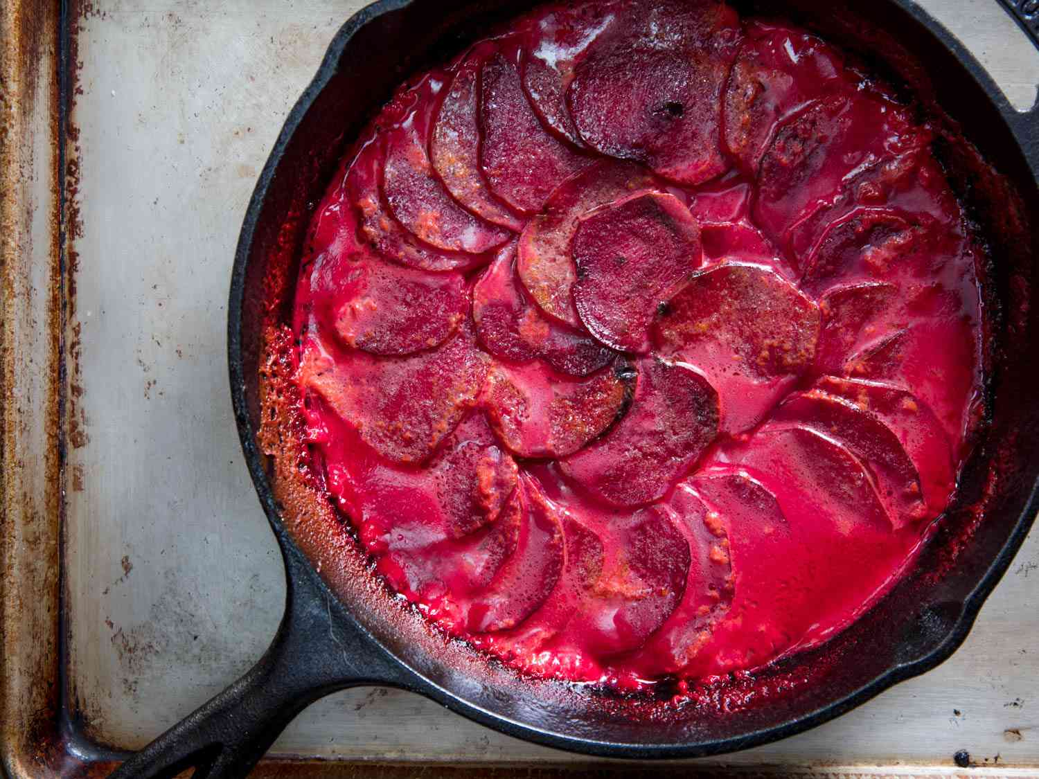 Overhead view of the cream-covered beets after cooking.