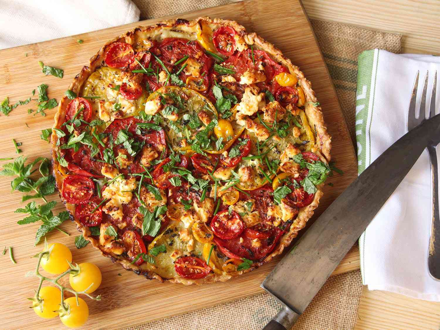 Overhead view of the finished tart, ready to be sliced.