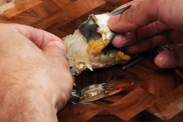 A hand grasping the gills from a soft-shell crab to remove them