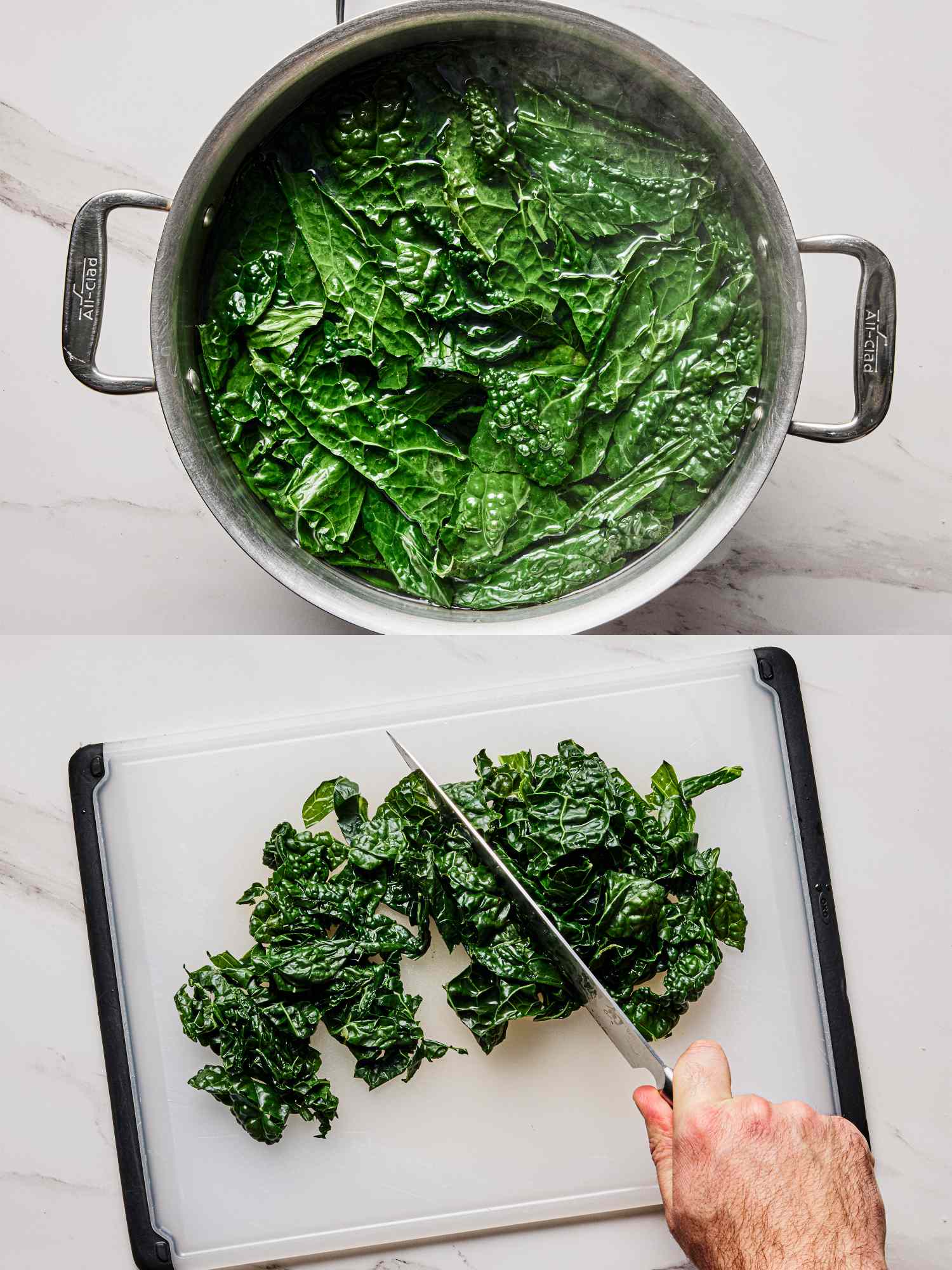 Process of preparing kale boiling in a pot and chopping on a cutting board
