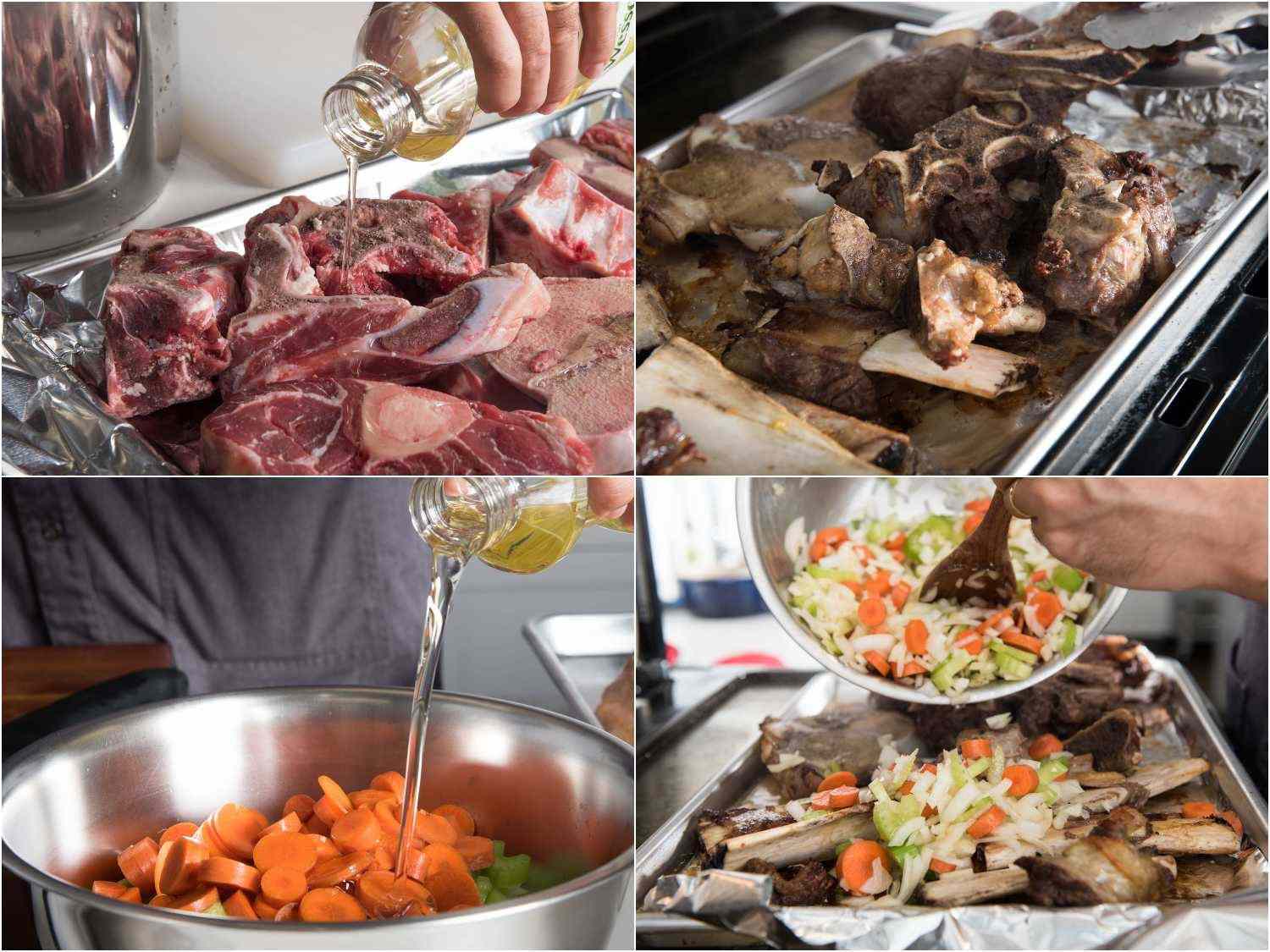 A 4-image collage: drizzling oil onto beef bones on a baking sheet, adding oil to mirepoix in a pan, roasting the beef bones until brown and adding the mirepoix to the bones. 