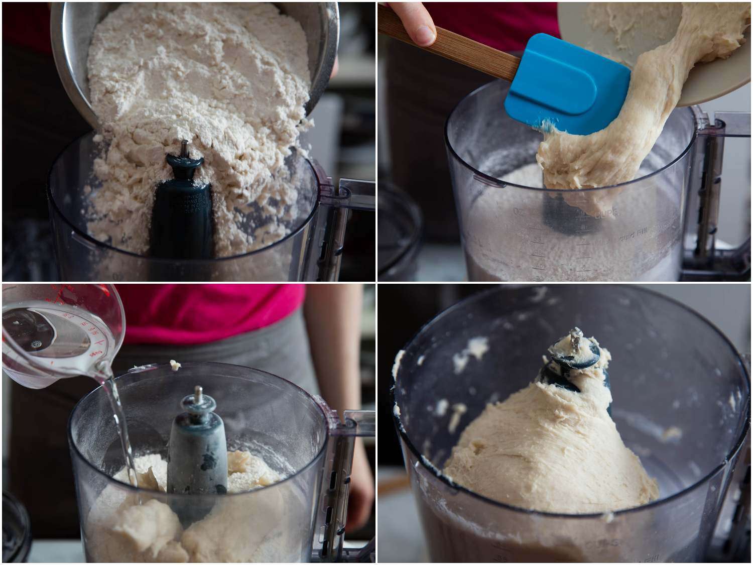A collage of pulsing flour, salt, and yeast in a food processor, adding the yukone and water and process until the dough comes together. 