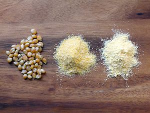 From left: whole popcorn kernels, freshly milled cornmeal made from popcorn kernels, and store-bought cornmeal.