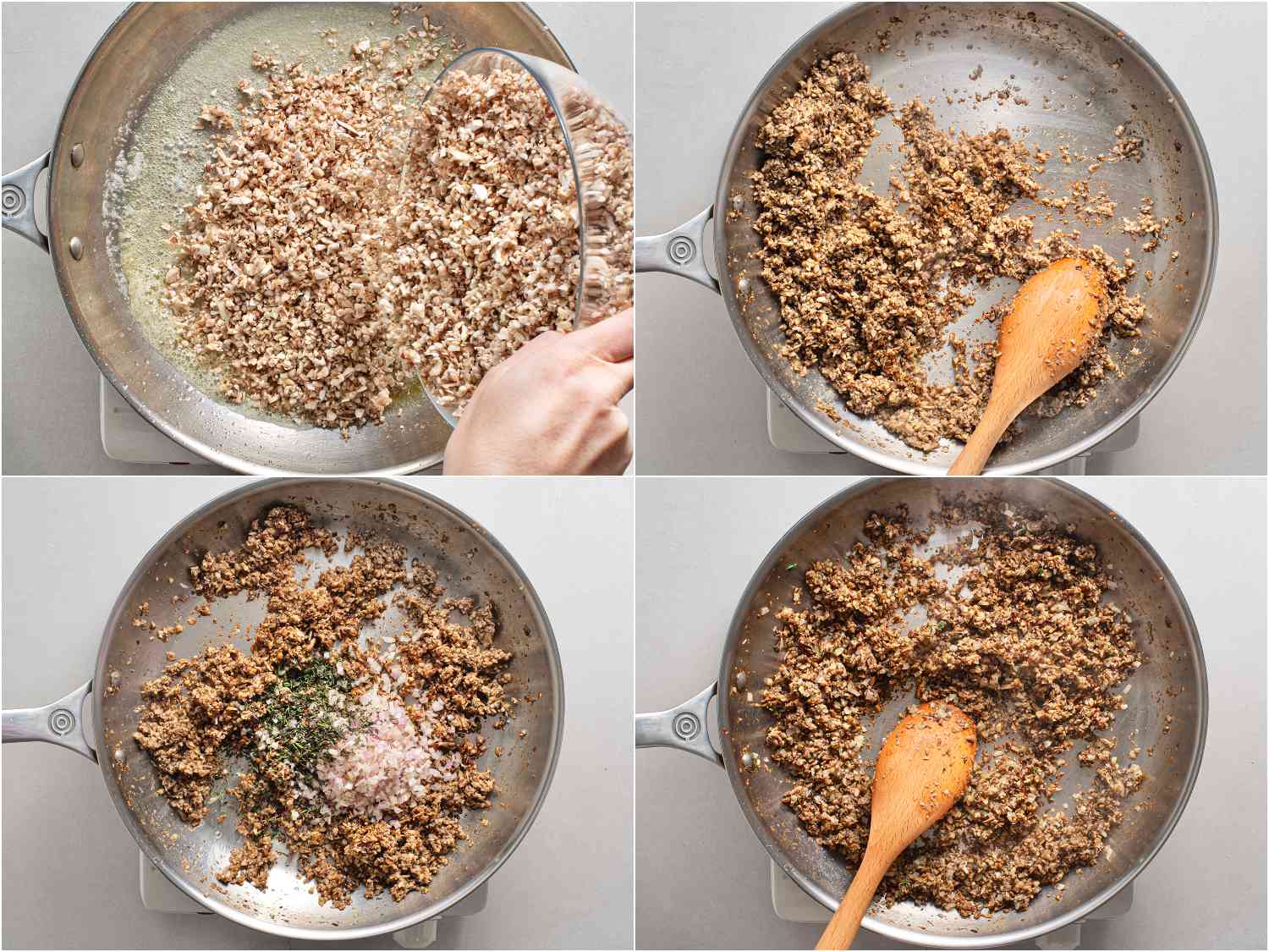 A collage showing the finely chopped mushrooms being sautÃ©ed with butter, shallots, and herbs.