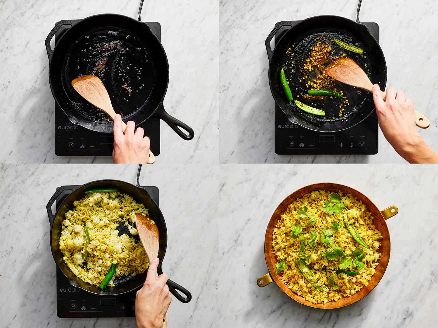 Four image collage of an overhead view of oil, garlic, spices, peppers and rice being added to a cast iron skillet