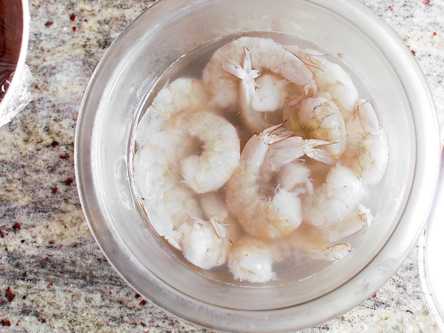 The shrimp are soaked in a baking soda brine.