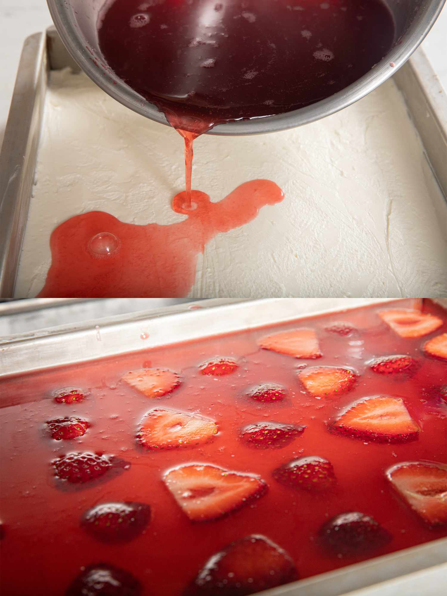 Two image collage of pouring strawberry liquid onto cream cheese and strawberries set in liquid in the fridge
