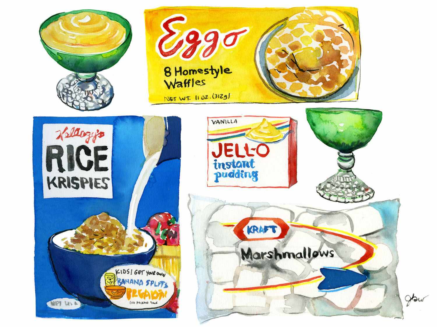 Collage illustration of packaged foodstuffs (Rice Krispies cereal, Kraft marshmallows, Jell-O instant vanilla pudding, Eggo waffles) and green stemmed bowls of pudding