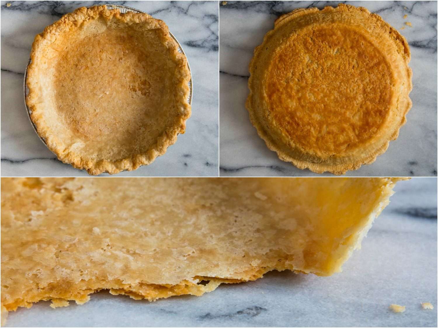 Three photos showing crust cooked in an aluminum plate looking crisp. The top left photo shows the crust from the top in the plate. The top right shows the bottom of the crust. The bottom photo shows the crust at a close up. 