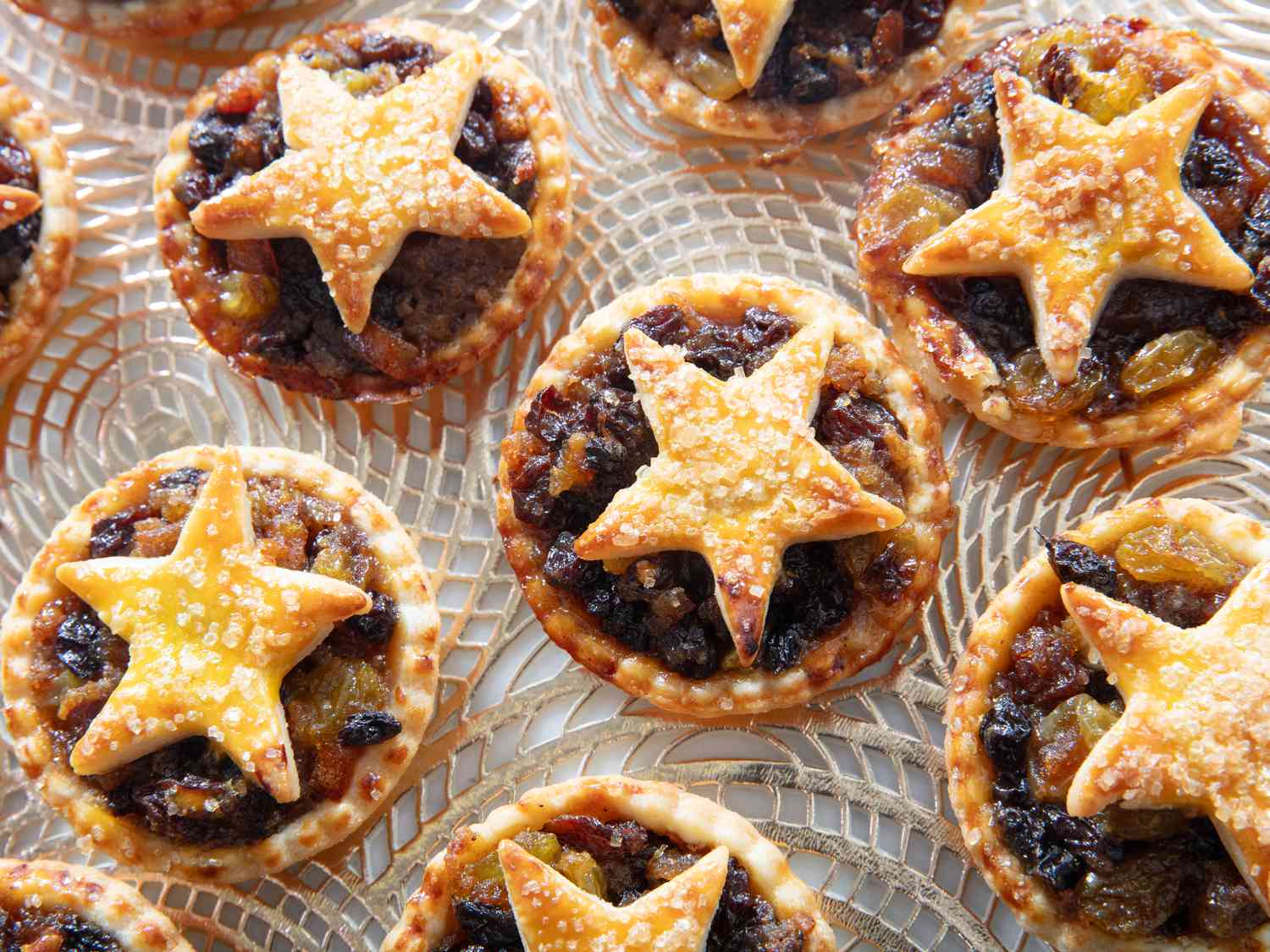 Close up of platter of minced pies in rows 