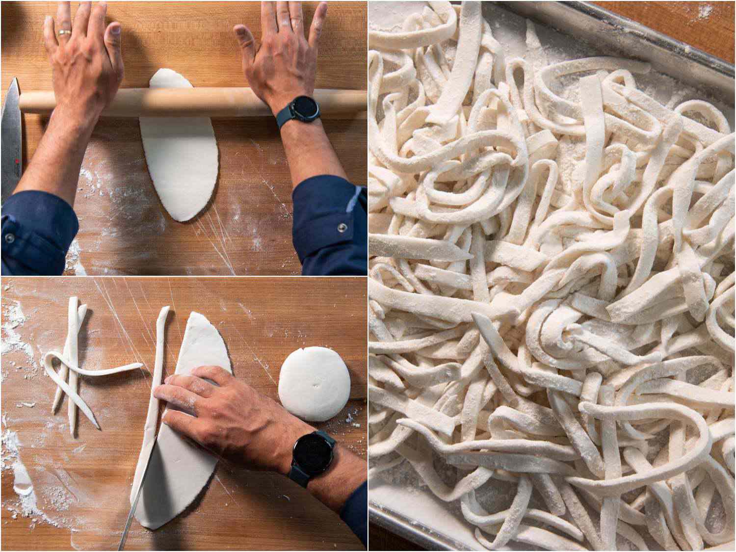 A 3-image collage of rolling the dough and forming noodles for khao piak sen, strands of noodle of about 1/4 inch wide on a baking sheet.