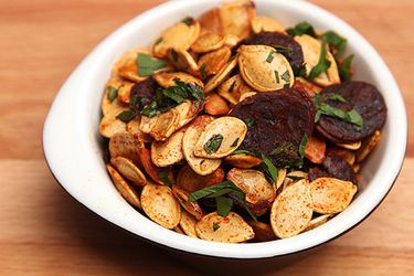 Closeup of roasted Pumpkin Seeds With Chorizo and Smoked Paprika