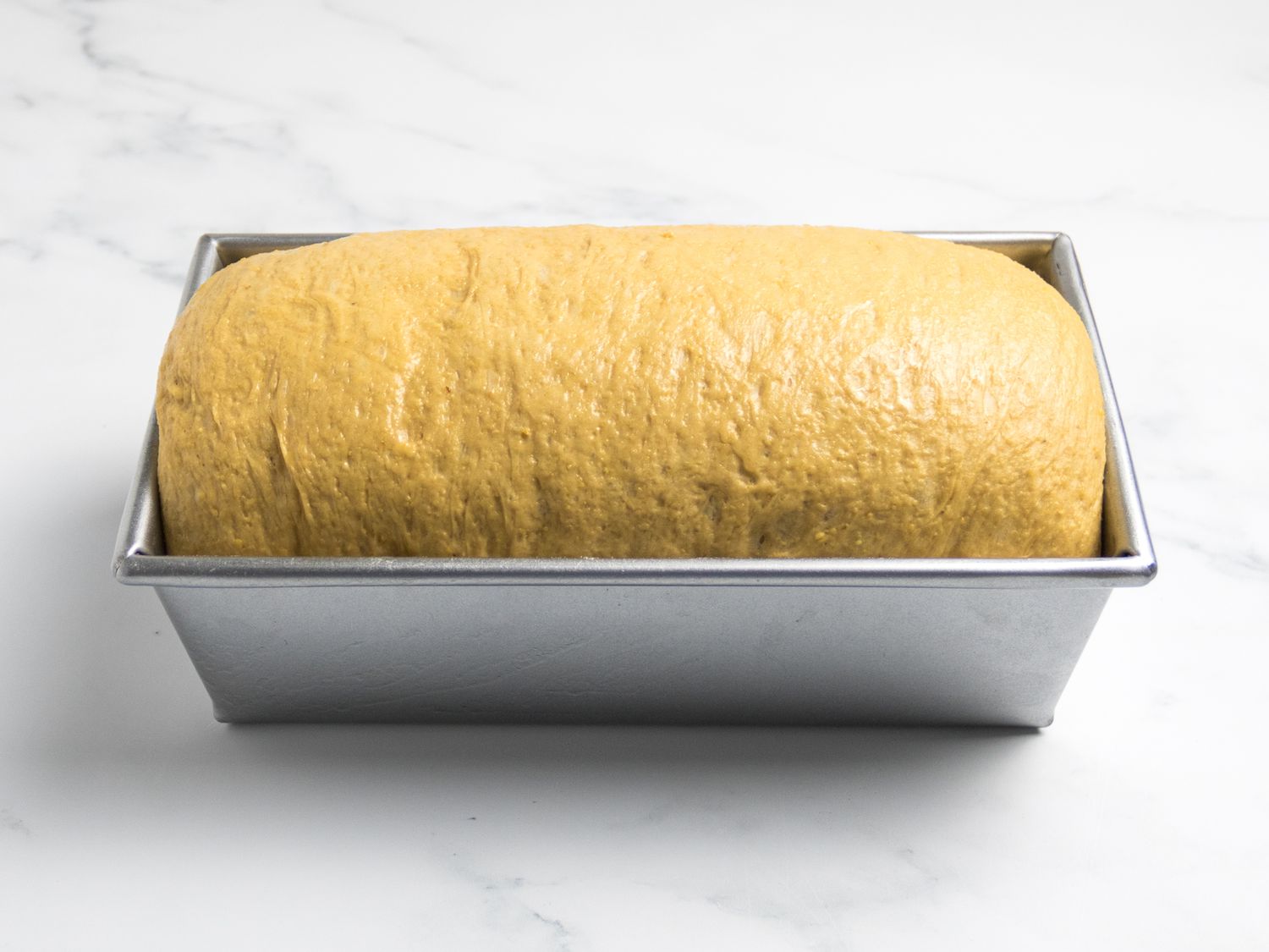 Loaf of risen bread in loaf tin