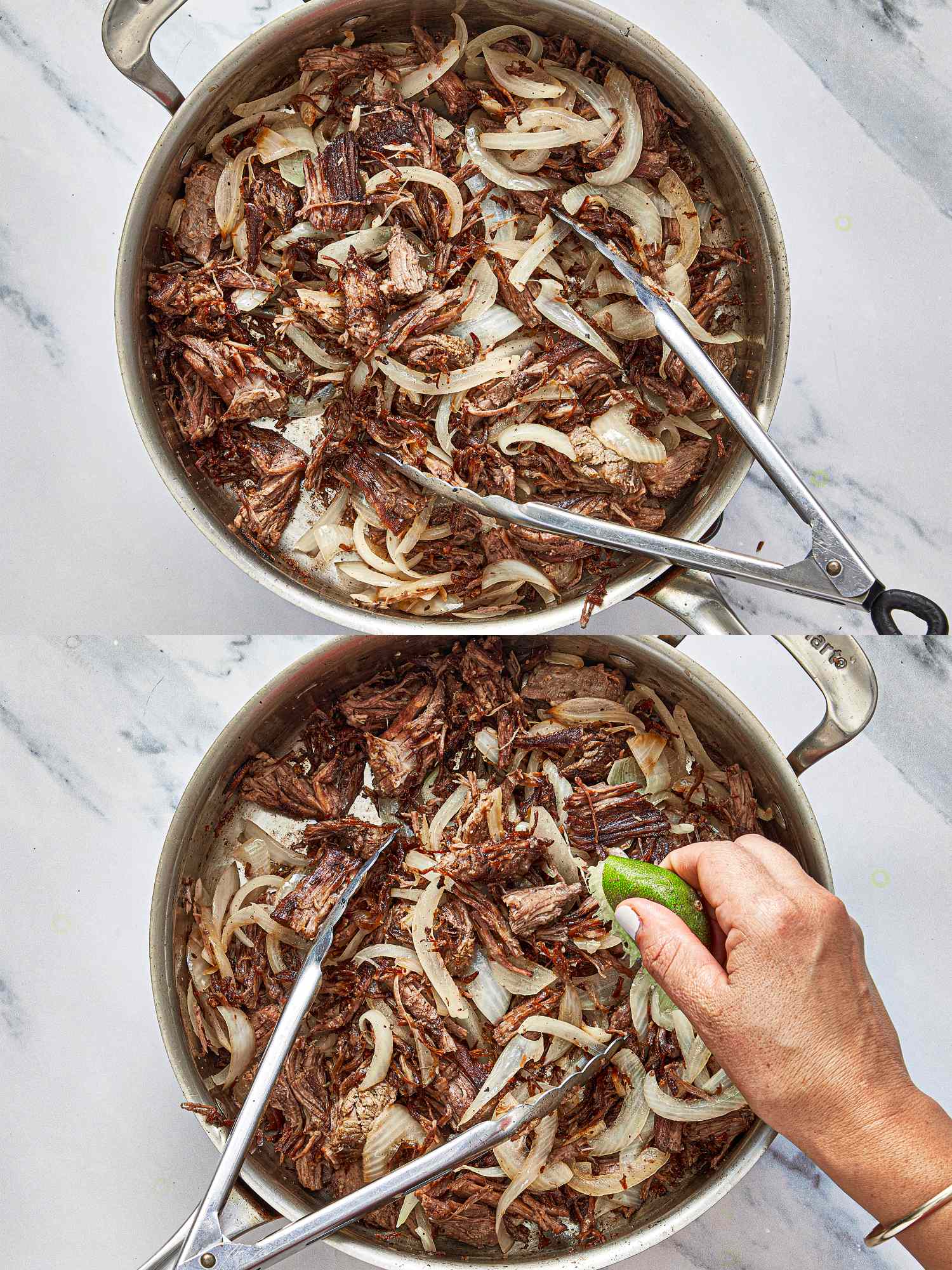 Shredded cooked meat with onions being prepared in a pan a hand squeezing lime over the dish in the second image