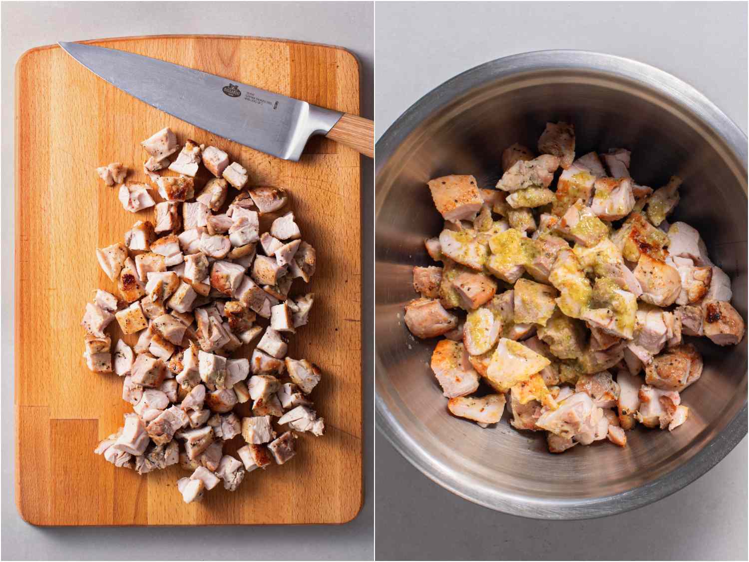 collage: chicken chopped into small pieces on a cutting board; chicken pieces added to bowl with remainder of marinade