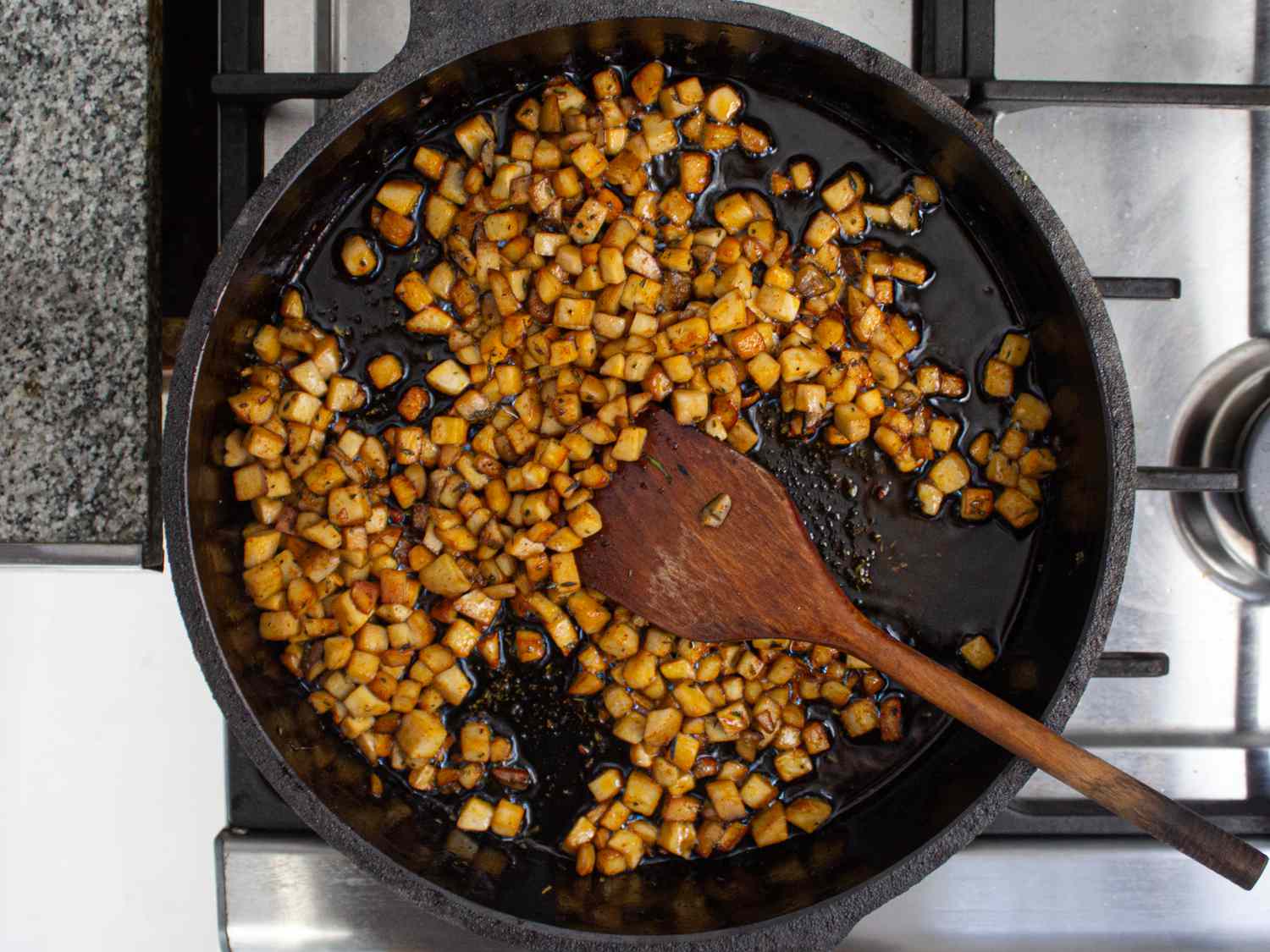 Overhead view of mushrooms in pan