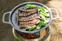 Grilled meat and bok choy on a cooking surface over an open fire outdoors