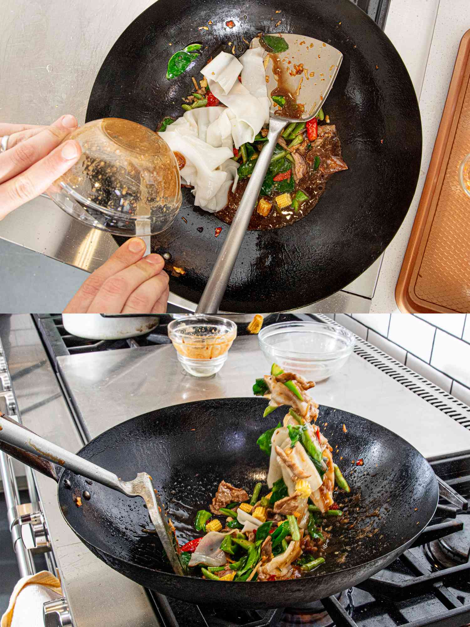 Two image collage of adding noodles and stir fry sauce and flipping noodles in wok