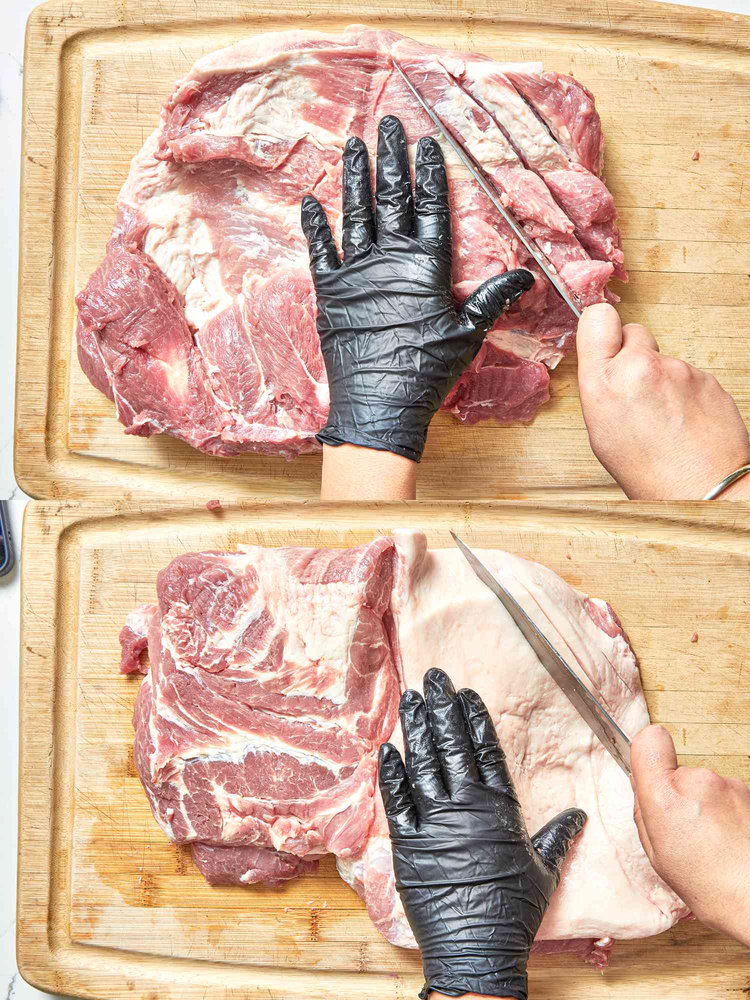 Two image collage of scoring pork on both sides with a knife