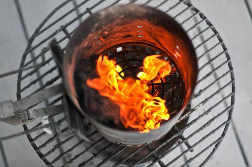 Fire burning inside a grill chimney
