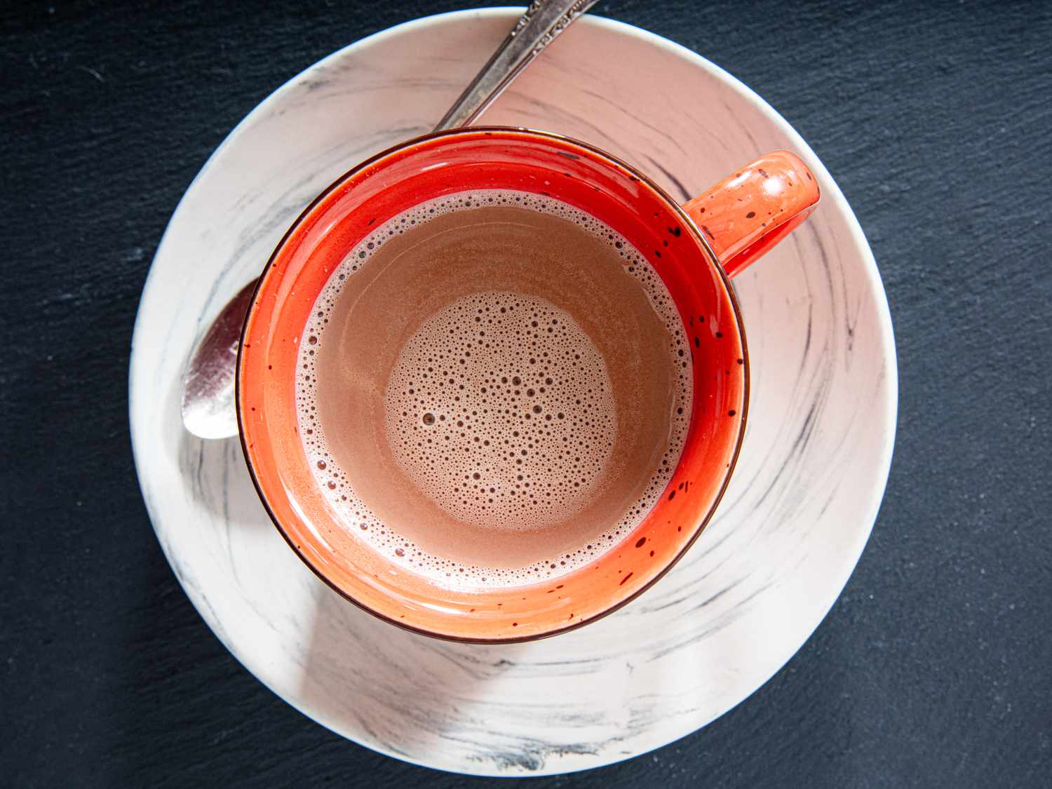 Overhead photo of a mug of hot chocolate.