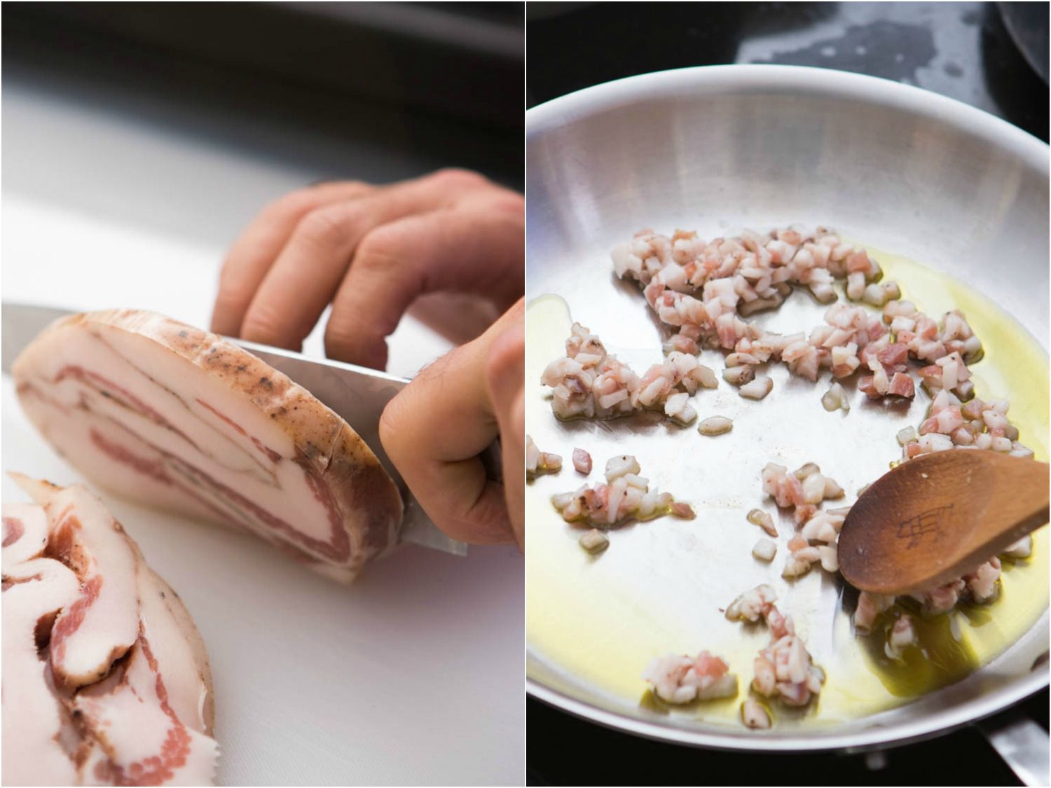 Photo collage showing slicing and cooking guanciale for pasta carbonara.