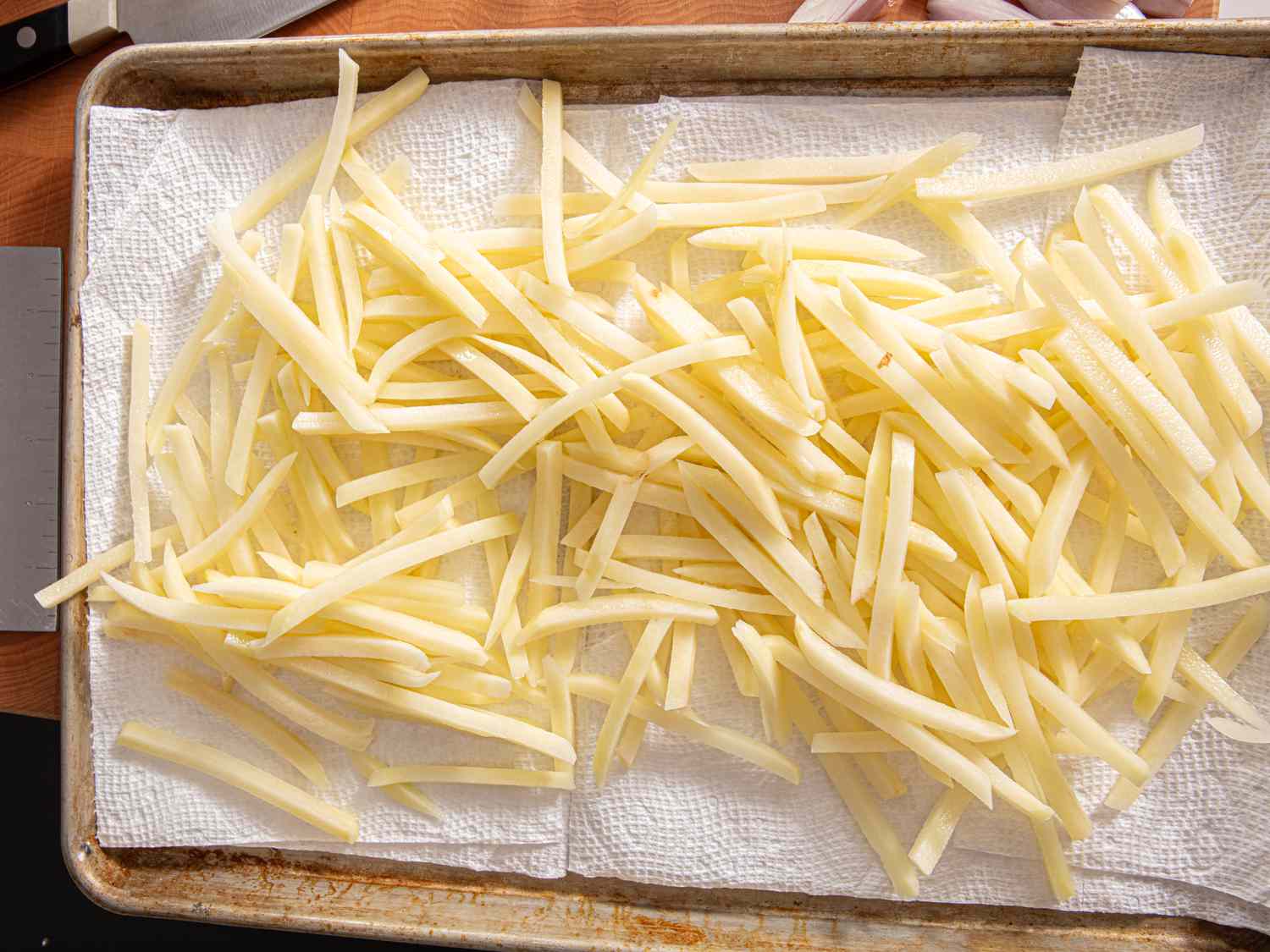 Overhead view of fries resting