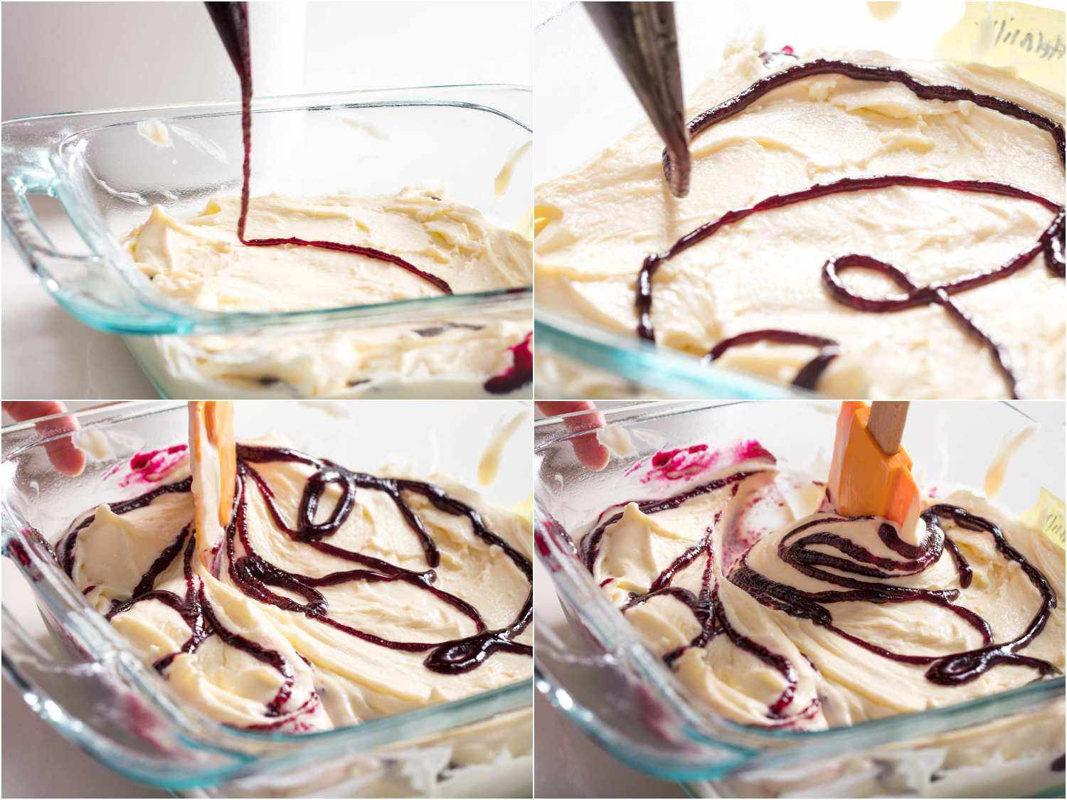 A four-image collage. The top left shows fruit syrup being piped onto the ice cream in a baking dish. The top right shows the piping bag making progress with the swirl. The two bottom images show a spatula swirling the syrup around in the baking dish.