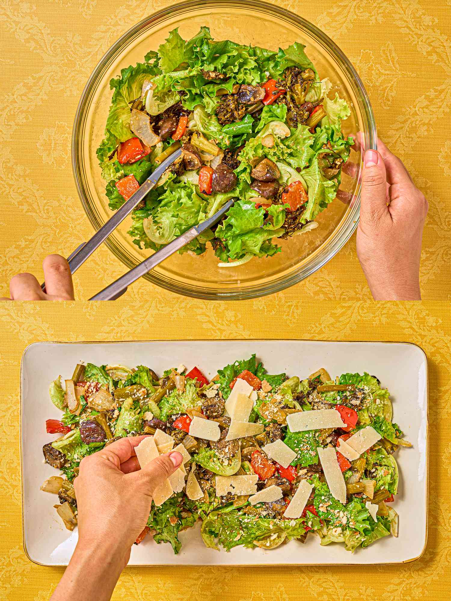 Two image collage of tossing and topping salad