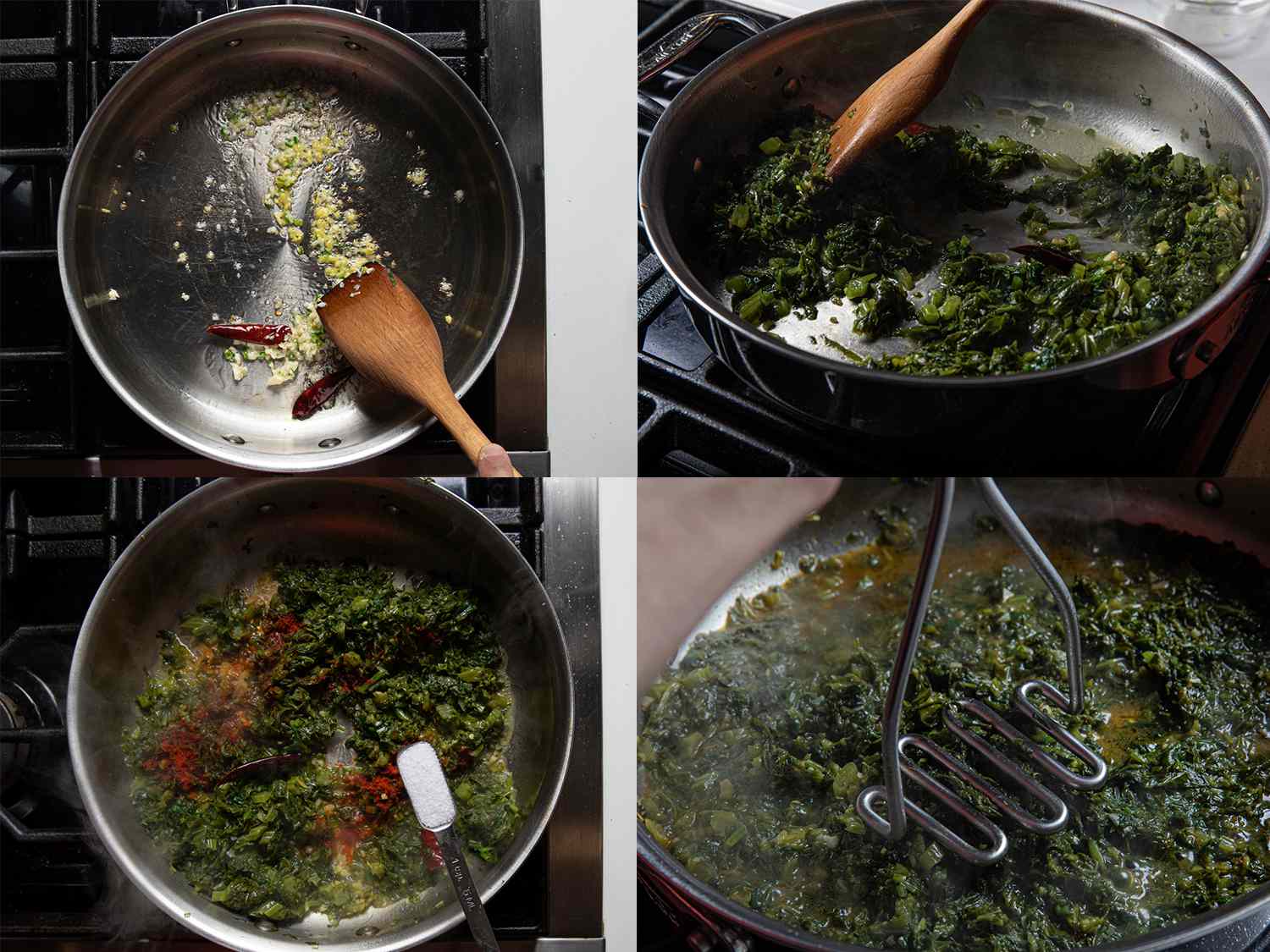 Four Image Collage. Clockwise from top left: Ginger, garlic and peppers being stirred in a pot; added greens being stirred in the pot; salt being added to the greens; greens being smashes in the pan with a potato masher to release water.