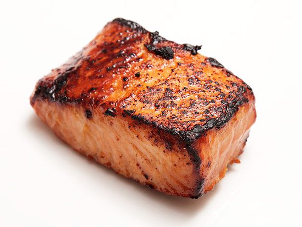 A cooked miso-glazed salmon fillet. 