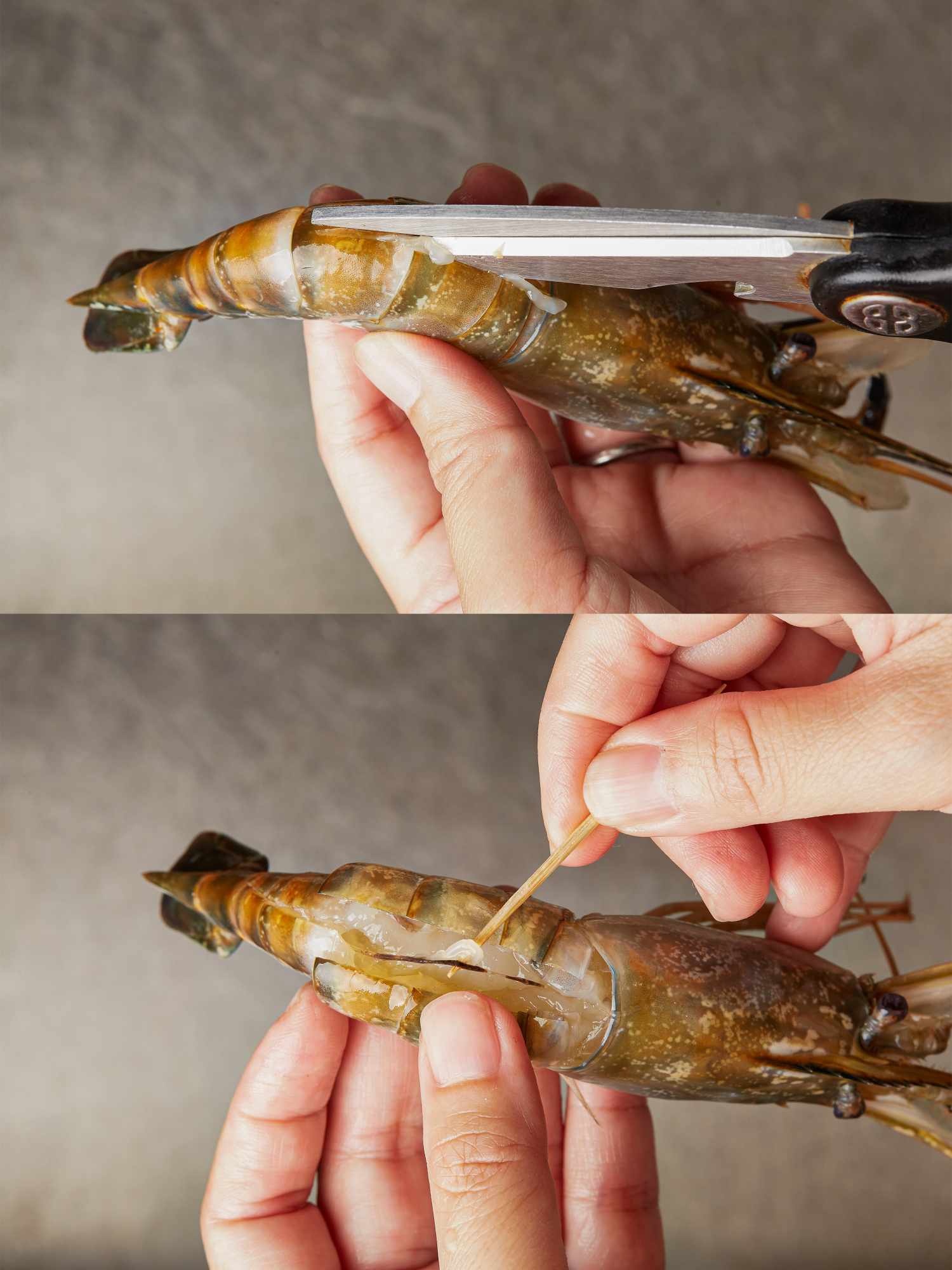 Steps to prepare a prawn showing removing the shell with scissors and deveining using a toothpick
