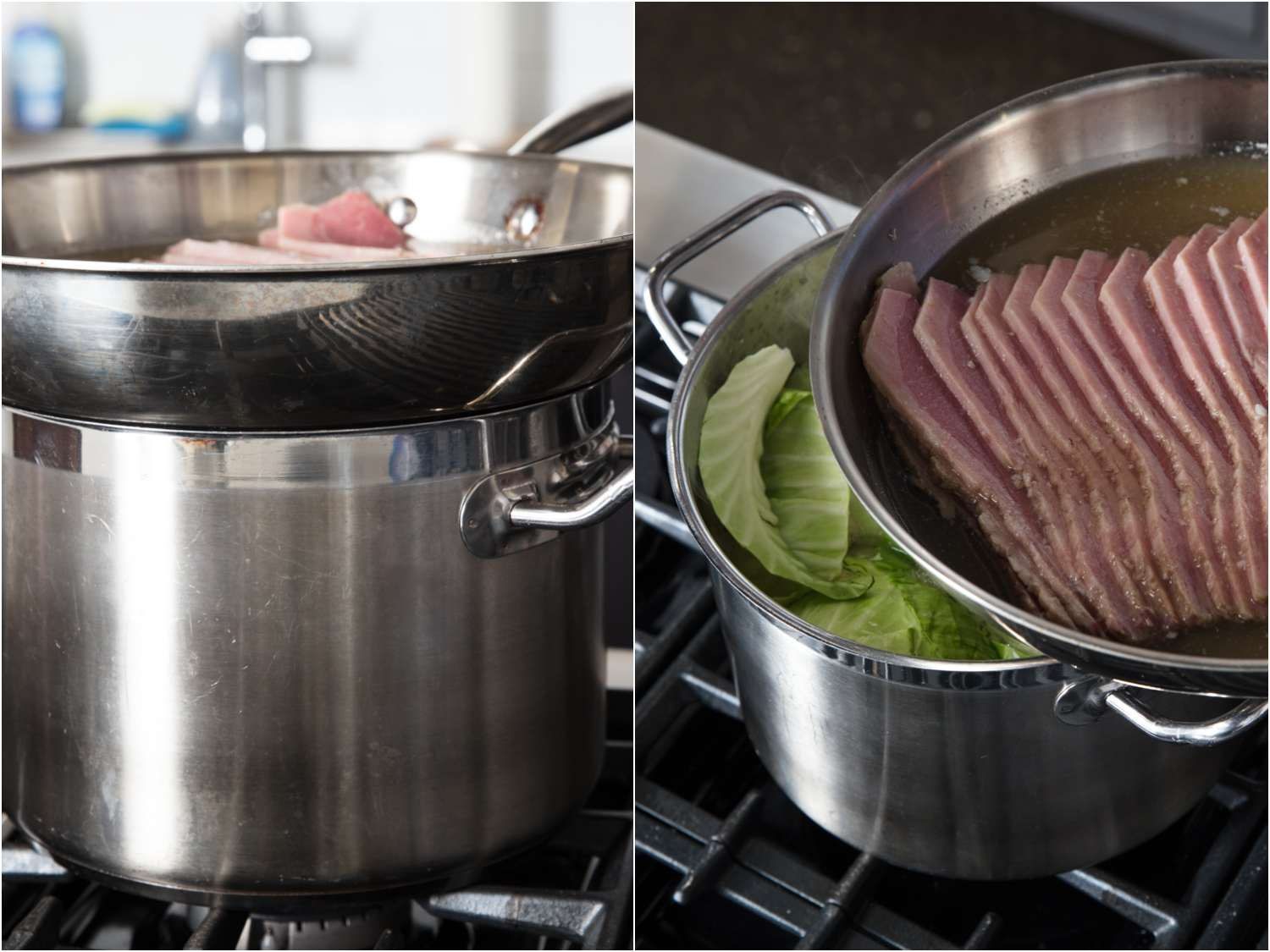 Set up for boiling potatoes, carrots, and cabbage while also warming corned beef slices.