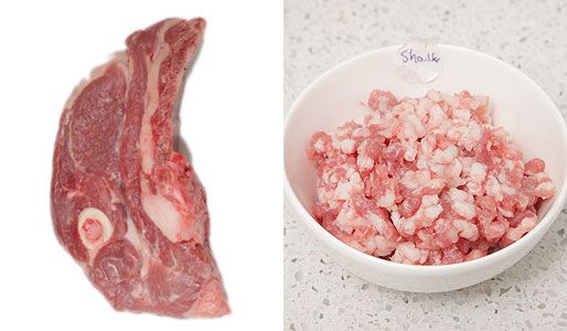 A raw lamb shoulder next to a bowl of ground lamb shoulder. 