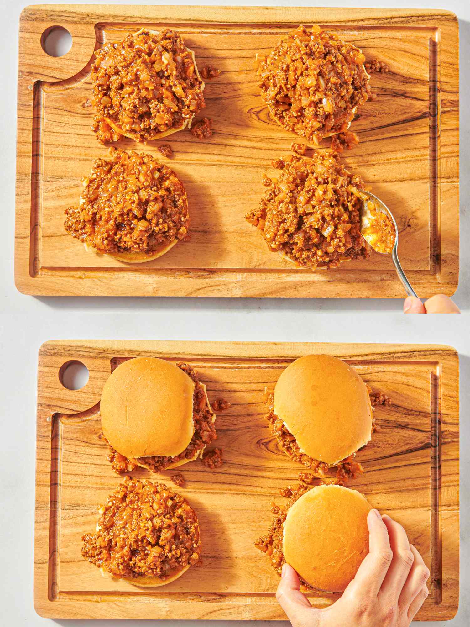 Sloppy Joe sandwich preparation top step with filling being added to buns bottom step with buns being placed on top