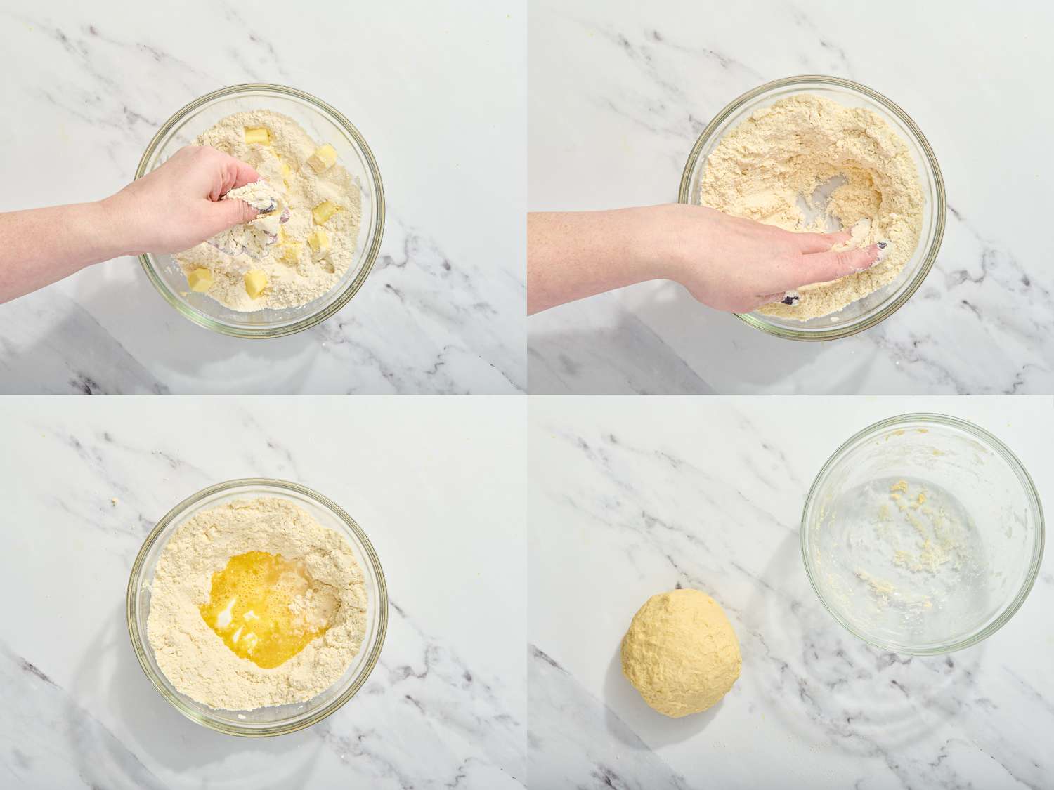 4 image collage. Top left: pressing butter into flour in bowl. Top Right: making a well into the center of the mixture. Bottom left: egg in well in mixture. Bottom Right: dough fully kneaded on surface with bowl to the side. 