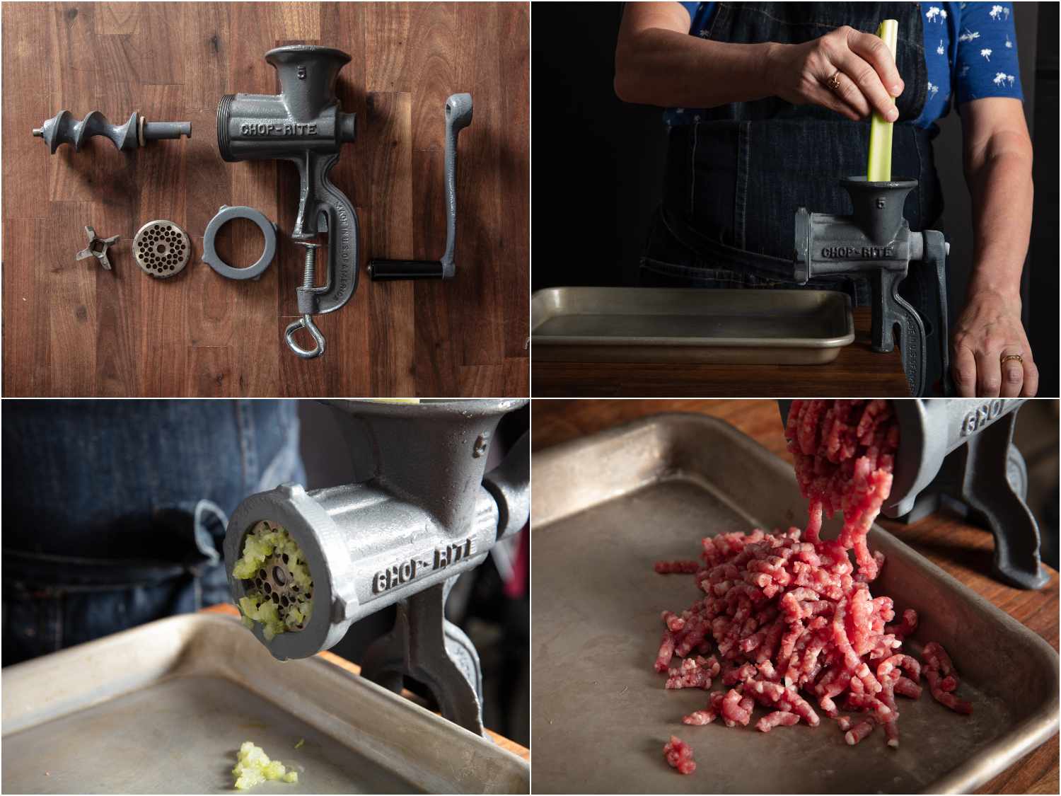 Chop-rite manual meat grinder features: cast iron and metal parts; cranking a piece of celery through; a close up of celery being ground; ground beef