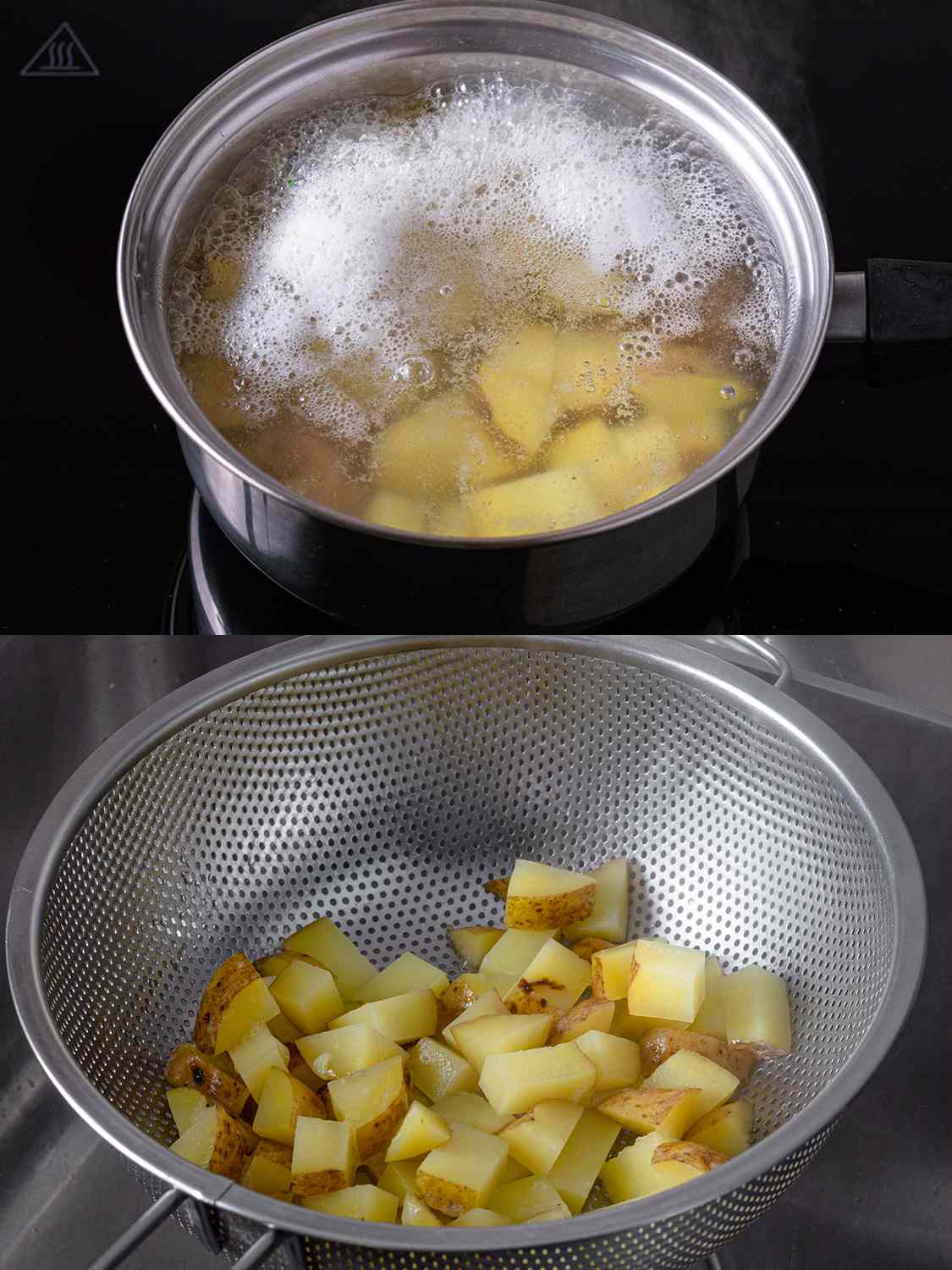 Potatoes boiling in water, then draining in a colander