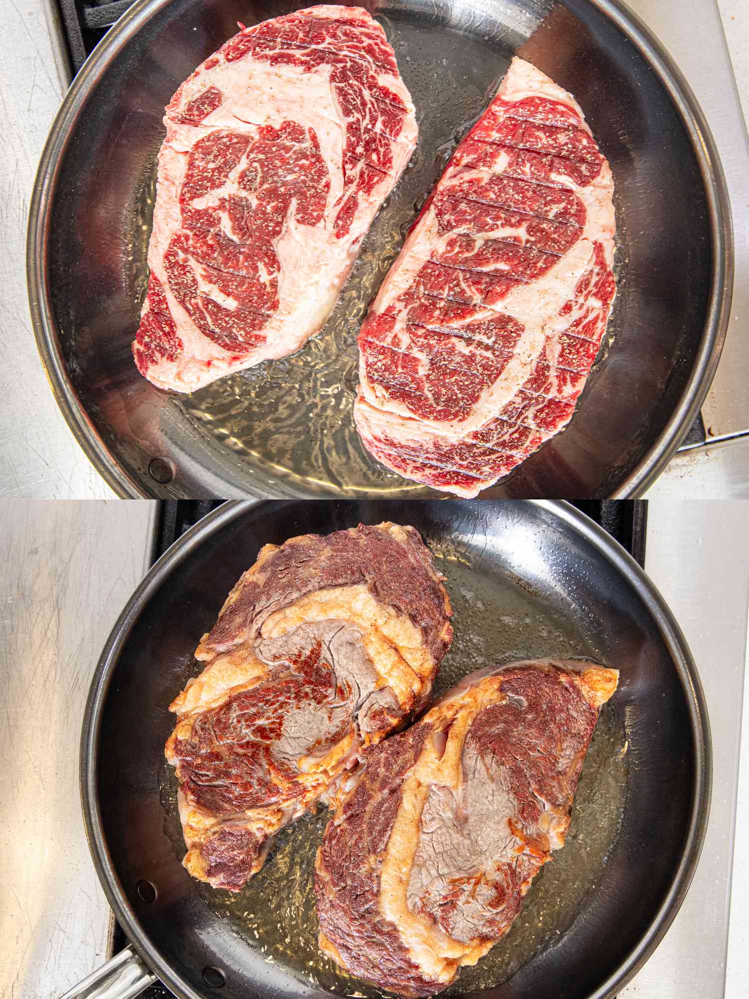 Two image collage of steaks cooking