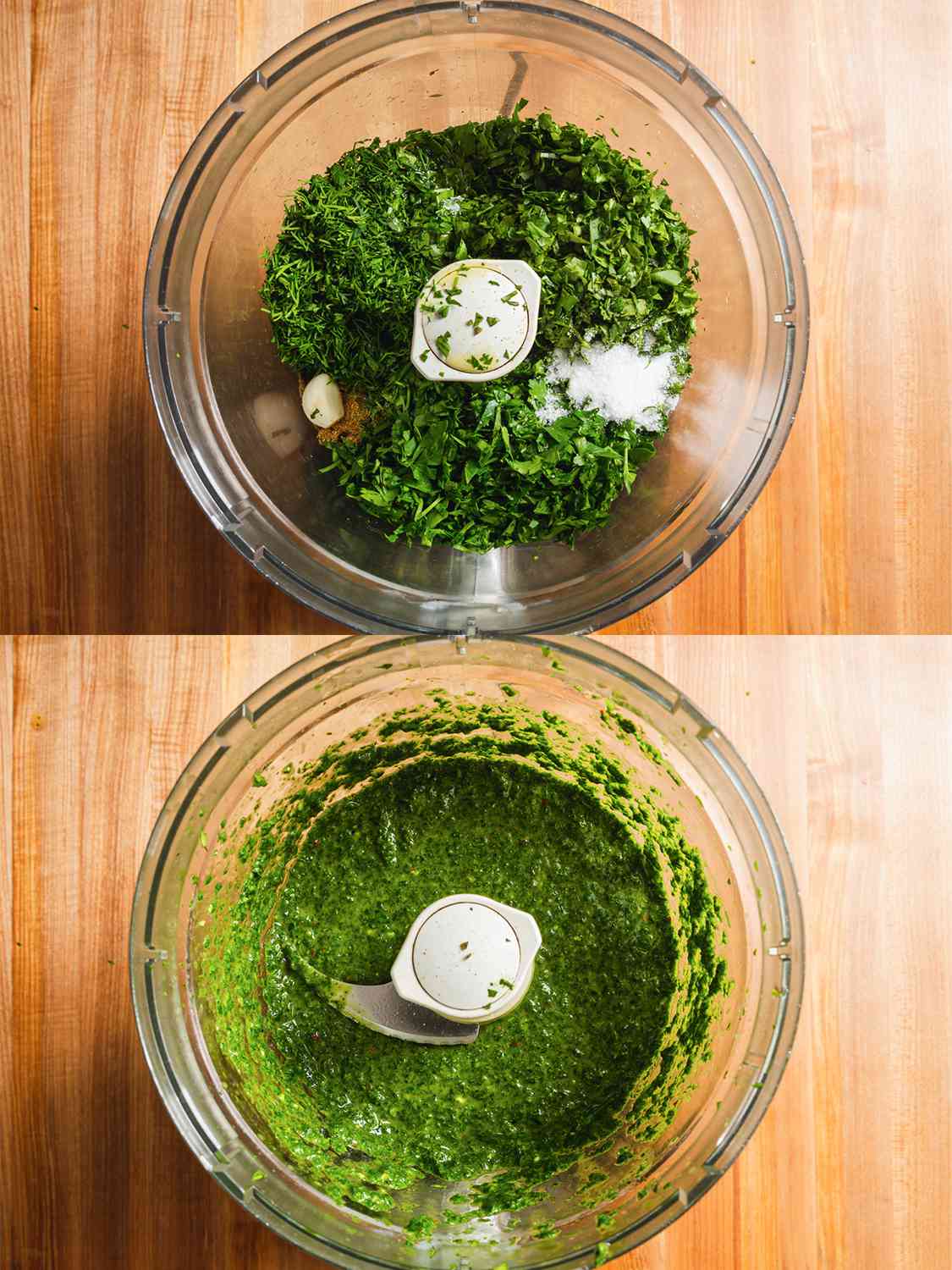 Herbs in a food processor.