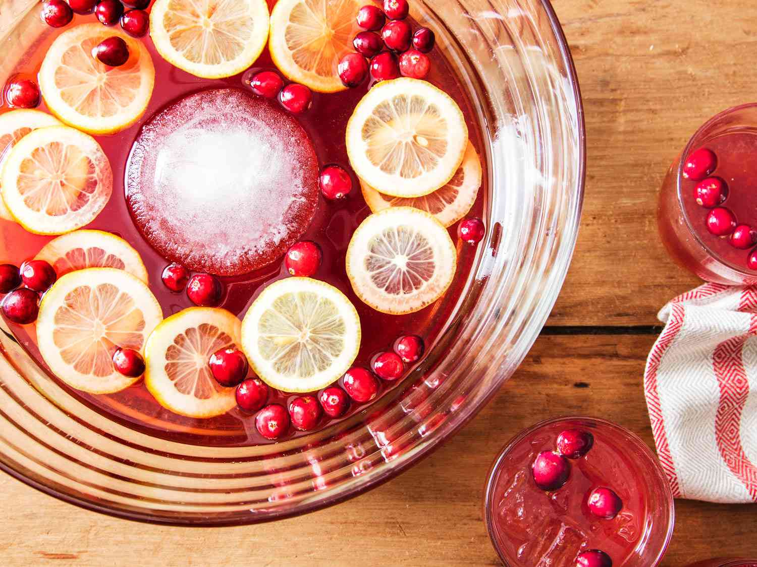 A bowl filled with cranberry and Scotch punch.