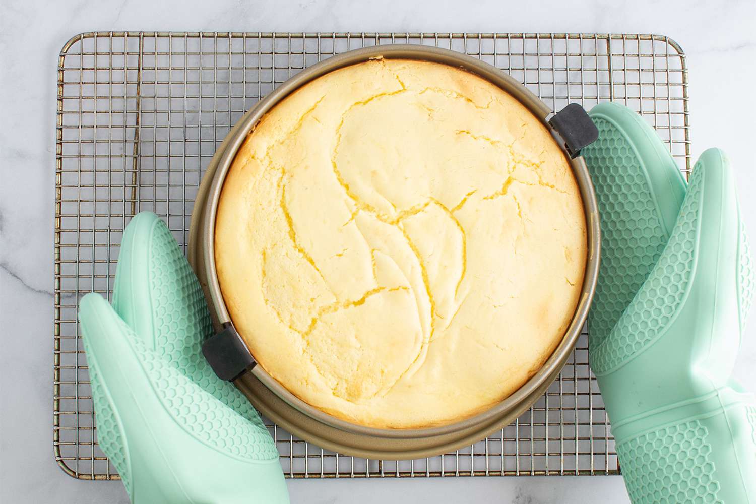 A person placing a springform pan onto a cooling rack