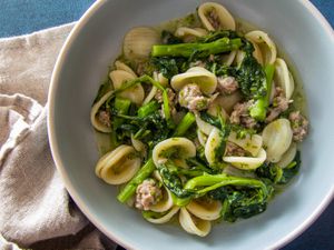 A bowl of Orecchiette with Sausage and Broccoli Rabe