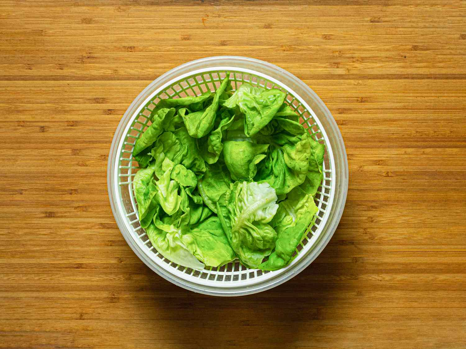 Overhead view of salad in a spinner bowl